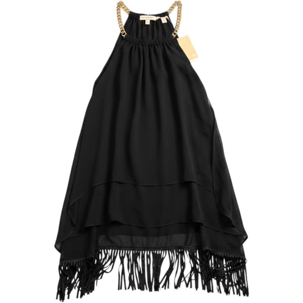 Michael Kors Black Fringe Halter Dress Chain Neck LBD XS dressy party NWT $195 - Picture 2 of 11
